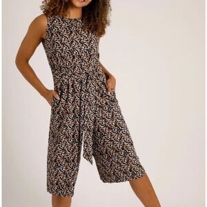 Weird Fish Womens Nalani Viscose Printed Jumpsuit Size 8 Navy Blue Cropped Leg